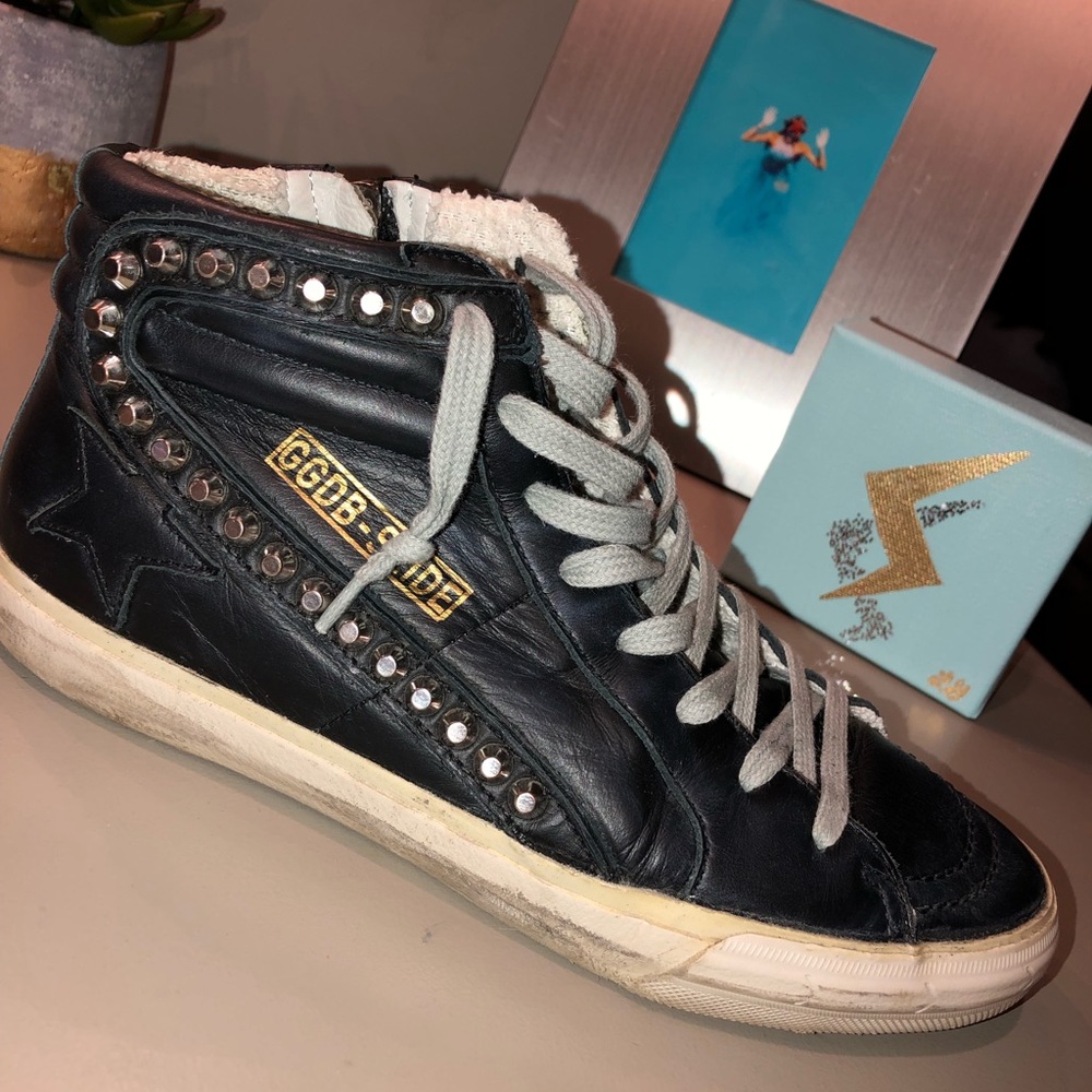 Golden Goose Black Leather Studded Slide Sneakers